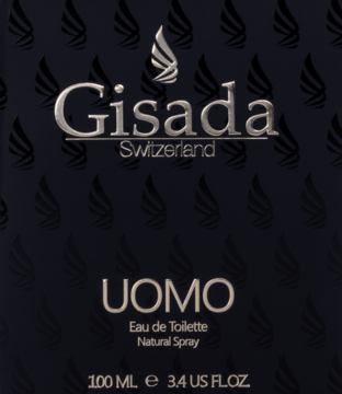 Ciemne opakowanie perfum Gisada Uomo Eau de Toilette 100 ml, z srebrnym logo i napisami, widok z przodu.