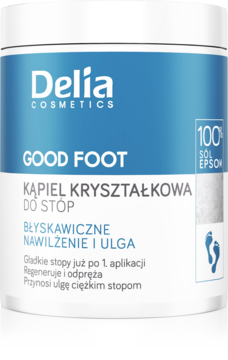 Delia Good Foot Kąpiel Kryształkowa do Stóp, biały słoik z niebieską etykietą i napisem "100% SÓL EPSOM", widok z przodu.
