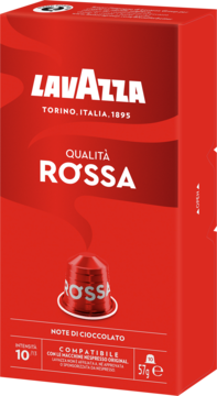 Czerwone opakowanie kapsułek Lavazza Qualità Rossa z nutami czekolady. Na pierwszym planie czerwona kapsułka. Intensywność 10/13.