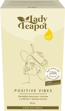 Front beżowego opakowania herbaty Lady Teapot Positive Vibes z imbirem, z linearną ilustracją osoby z czajnikiem.