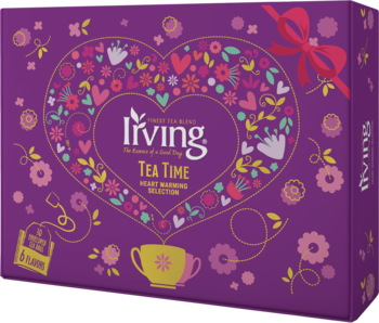 Fioletowy zestaw herbat Irving Tea Time Heart Warming Selection w pudełku z sercem i kwiatami, z góry.