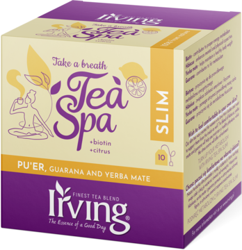 Żółto-fioletowe opakowanie herbaty i'living Tea Spa Slim z Pu'er, guaraną, yerba mate i biotiną, widok z przodu i z boku.