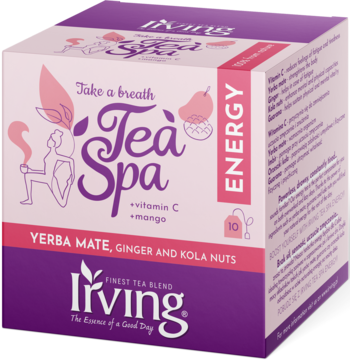 Różowo-fioletowe pudełko herbaty Irving Tea Spa Energy z yerba mate, imbirem i mango, widok z przodu pod kątem.