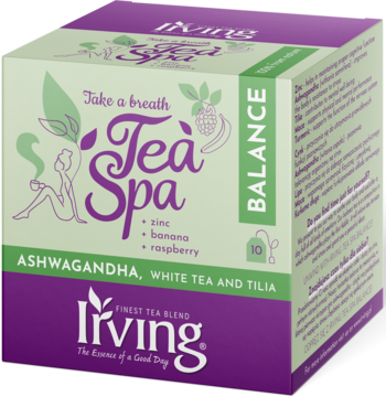 IRVING Tea Spa Balance,herbata biała z ashwagandhą o smaku banana i maliny,przód