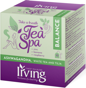 Irving Tea Spa Balance, light green box with purple accents, ashwagandha, white tea and banana-raspberry flavor, angled view.