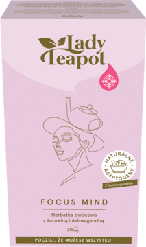 Różowe pudełko herbaty Lady Teapot Focus Mind z żurawiną i Ashwagandhą, przód z grafiką kobiety i czajnika.