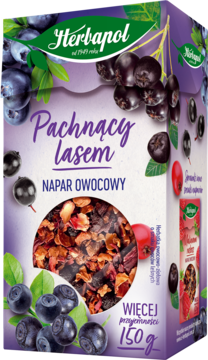Fioletowe opakowanie naparu owocowego Herbapol Pachnący Lasem 150g, z widocznymi owocami leśnymi i suszem. Przód.