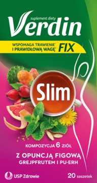 Zielono-różowe opakowanie herbaty Verdin Fix Slim wspierającej trawienie i wagę, z filiżanką i ziołami, 20 saszetek.