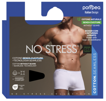 Opakowanie Pompea męskich, bezszwowych, bawełnianych bokserek. Widoczne białe bokserki na modelu, napis No Stress.