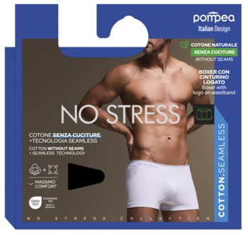 Opakowanie męskich bokserek Pompea z bawełny, bezszwowych. Model w białych, z logo "No Stress" na pasie.