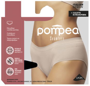 Bezszwowe figi damskie Pompea Seamless culotte w cielistym kolorze, na modelce. Opakowanie, tekstura mikrofibry, logo.