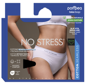 Białe, bezszwowe figi damskie Pompea „No Stress” z naturalnej bawełny, na modelce, z opakowaniem.