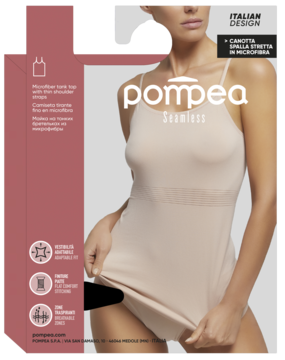 Pompea Seamless, beżowa podkoszulka z mikrofibry na modelce. Bezszwowa, z cienkimi ramiączkami i delikatnym wzorem.