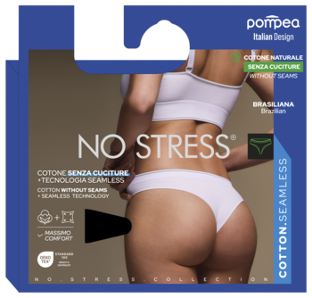 Opakowanie Pompea, bezszwowe majtki brazyliany L-XL, białe figi na modelce, bawełna, "NO STRESS".