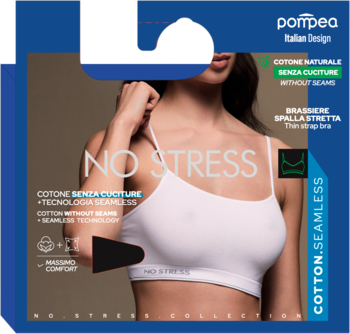 Biała braletka Pompea No Stress z naturalnej bawełny, bezszwowa, na cienkich ramiączkach, widok z przodu na modelce.