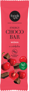 Czerwony baton Foods by Ann Energy Choco Bar Wiśnia w Czekoladzie, wegański, bez cukru, widok z przodu.