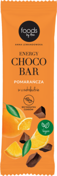 Pomarańczowy baton Foods by Ann Energy Choco Bar z pomarańczą i czekoladą, wegański, widok z przodu.