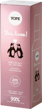 Różowe opakowanie Yope intymnego żelu nawilżającego, widok z przodu, grafika pingwinów, 99% naturalne.