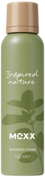 Mexx Inspired Nature Shower Foam, zielona butelka z beżową nakrętką, widok z przodu, delikatny wzór liści.