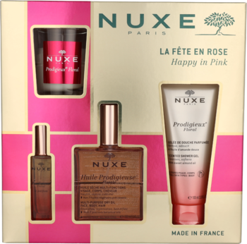 Nuxe Paris Happy in Pink zestaw prezentowy: suchy olejek, perfumy, żel pod prysznic i świeca w różowo-złotym pudełku.