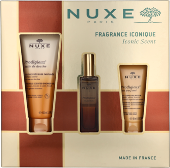 Zestaw Nuxe Paris Iconic Scent: olejek pod prysznic, perfumy, balsam w złoto-czerwonym pudełku, widok z przodu.