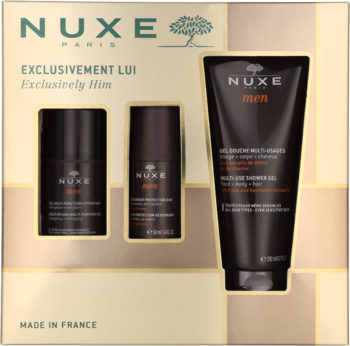 NUXE Men Exclusively,zestaw kosmetyków dla mężczyzn, żel nawilżający 50ml + żel pod prysznic 200 ml + dezodorant 50 ml,przód