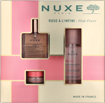 NUXE Pink Fever ,zestaw kosmetyków dla kobiet, suchy olejek 50ml + micelarna woda różana 100ml + balsam do ust 15ml,przód