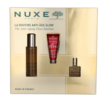 NUXE The Anti-Aging Glow Routine ,zestaw kosmetyków dla kobiet, serum do twarzy 30ml + krem BB 15ml + suchy olejek 10ml,przód