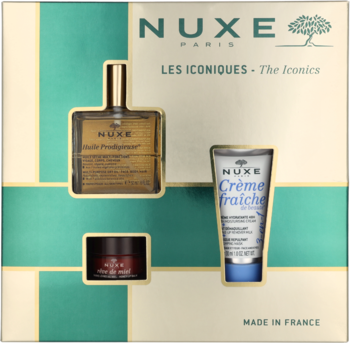 NUXE The Iconics ,zestaw kosmetyków dla kobiet, suchy olejek 50ml + krem do twarzy 30ml + balsam do ust 15g,przód