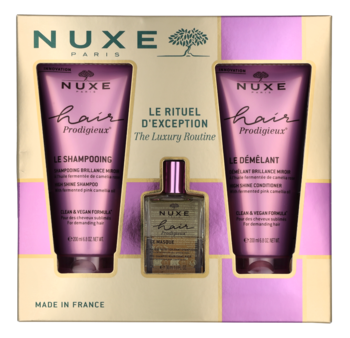 NUXE The Luxury Routine ,zestaw kosmetyków dla kobiet, maska do włosów 30ml + szampon do włosów 200ml + odżywka do włosów 200ml,przód
