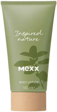 MEXX Inspired Nature balsam do ciała, oliwkowa tuba 150ml z roślinnym wzorem i drewnianą nakrętką, widok z przodu.