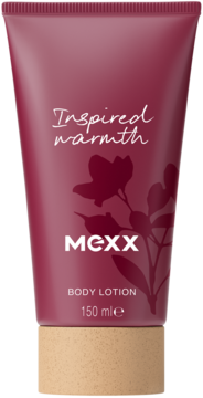 Balsam do ciała MEXX Inspired Warmth 150ml, bordowa tubka z białym napisem, motywem kwiatowym i drewnianą nakrętką.