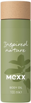 Cylindryczny olejek do ciała MEXX Inspired Nature 100ml, zielona butelka z korkową nakrętką, widok z przodu.
