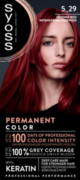 Farba Syoss 5_29 Intense Red, kobieta o intensywnie czerwonych włosach, z hasłami o trwałym kolorze i 100% pokryciu siwizny.