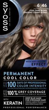 Opakowanie farby Syoss Cool Dark Blond 6_46. Modelka z chłodnymi, ciemnymi blond włosami. Zapewnia 100% pokrycia siwych.