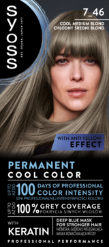 Syoss Permanent Cool Color farba do włosów 7_46, chłodny średni blond, modelka z długimi włosami na opakowaniu.