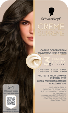 Farba Schwarzkopf Creme Supreme 5-1 Chłodny Jasny Brąz. Opakowanie z modelką i napisem Caring Color Cream HaptiQ System.