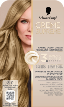 Schwarzkopf Creme Supreme 8-0 Natural Light Blonde, opakowanie, widok z przodu, z modelką i opisem HaptIQ.
