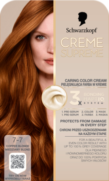 Schwarzkopf Creme Supreme 7-7 Miedziany Blond farba do włosów, opakowanie z widoczną rudowłosą kobietą.