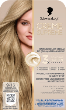 Opakowanie farby Schwarzkopf Creme Supreme 9-16 Chłodny Popielaty Blond z blondynką i opisem technologii.