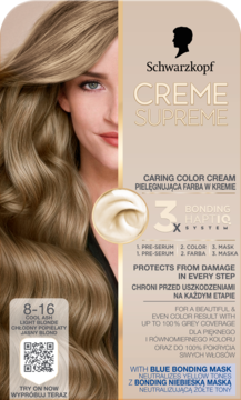 Front pudełka Schwarzkopf Creme Supreme 8-16 Chłodny Popielaty Jasny Blond. Na beżowym tle kobieta z długimi blond włosami.