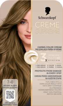 Schwarzkopf Creme Supreme 7-0 Naturalny Blond, pielęgnująca farba. Beżowe opakowanie z modelką.
