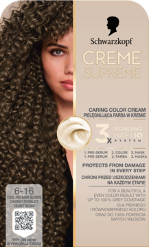 Schwarzkopf Creme Supreme 6-16 Chłodny Popielaty Ciemny Blond, pielęgnująca farba do włosów, przód opak.