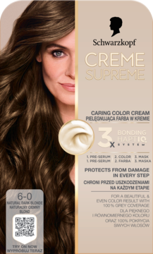 SCHWARZKOPF CREME SUPREME ,farba do włosów, trwała, nr 6-0 Naturalny Ciemny Blond,przód