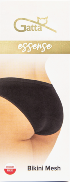 Czarne majtki Gatta Essense Bikini Mesh, bezszwowe, na modelce, widok od tyłu. Złote logo Gatta.