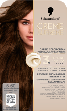 Schwarzkopf Creme Supreme 5-60 Czekoladowy Jasny Brąz, farba koloryzująca z HaptIQ System, na pudełku modelka.