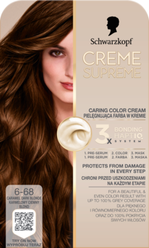 Front opakowania farby Schwarzkopf Creme Supreme 6-68 Karmelowy Ciemny Blond, z modelką i systemem 3 Bonding HaptiQ.