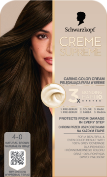 Schwarzkopf Creme Supreme farba 4-0 Naturalny Brąz. Pielęgnacyjny krem z Bonding Haptiq System, widok przód.