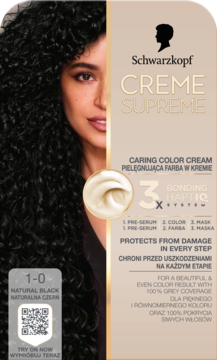 Schwarzkopf Creme Supreme 1-0 Naturalna Czerń, farba z 3 Bonding HaptiQ System, front opakowania.