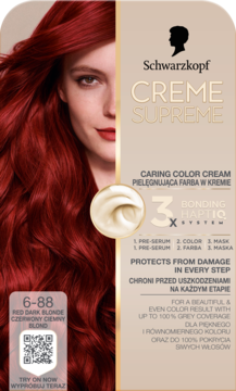 Schwarzkopf Creme Supreme 6-88 Red Dark Blonde pielęgnująca farba, front opakowania z kobietą o rudych włosach.